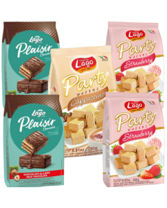 Gastone Lago Mix Case Assorted Party Wafers - Pack of 5 x 250g (Flavours: 2 x Milk Chocolate,1 x Cappuccino, 2 x Strawberry)