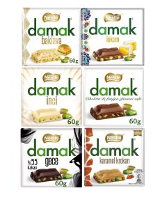 6x 60G Nestle Damak Premium Chocolates with Pistachios Mix Pack: Baklava, Lokum, White, Caramel Croquant, Milk and Dark Chocolates