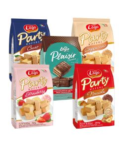 Gastone Lago Mix Case Assorted Party Wafers - Pack of 5 x 250g (Flavours: Milk Chocolate, Cappuccino, Strawberry, Cacao, Nociolla)