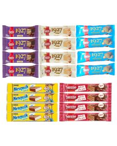 20x Nestle Chocolate Wafers Mix Pack: x4 Dark Chocolate 28G, x4 Latte White Chocolate 30G, x4 Milk Chocolate 31G, x4 Nesquik 26.7G, x4 Classic Wafers 27G